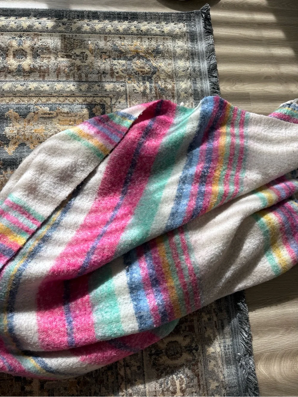 Free People Ivory Multi Striped Fringe Throw Blanket